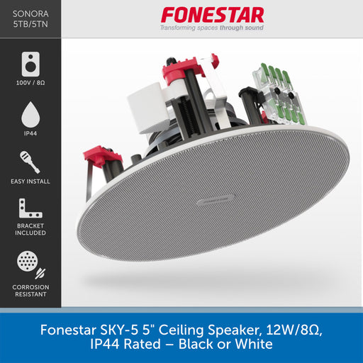 A promotional product graphic for a ceiling speaker. The main subject is a round black ceiling speaker shown at an angle with visible internal components and wiring.