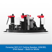 A 5-inch ceiling speaker by Fonestar, shown from a side angle on a light gray background with a blue text banner at the bottom. The speaker features a black circular base, internal silver and gray components, and red adjustment knobs.