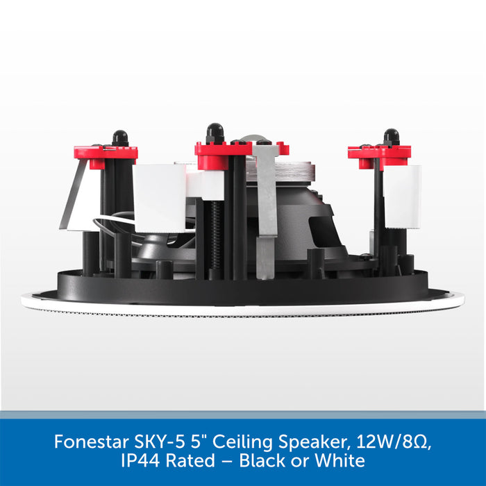 A 5-inch ceiling speaker by Fonestar, shown from a side angle on a light gray background with a blue text banner at the bottom. The speaker features a black circular base, internal silver and gray components, and red adjustment knobs.
