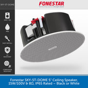 A promotional product graphic for a ceiling speaker. The main subject is a round dome-style ceiling speaker shown floating at an angle, with a black outer housing, white front grille, and small red internal accents.