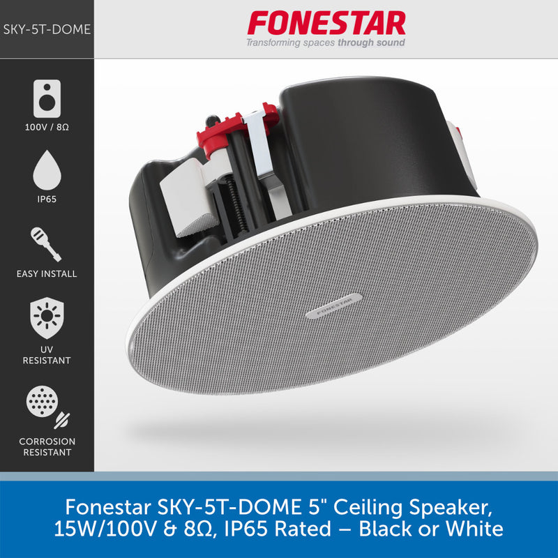 A promotional product graphic for a ceiling speaker. The main subject is a round dome-style ceiling speaker shown floating at an angle, with a black outer housing, white front grille, and small red internal accents.