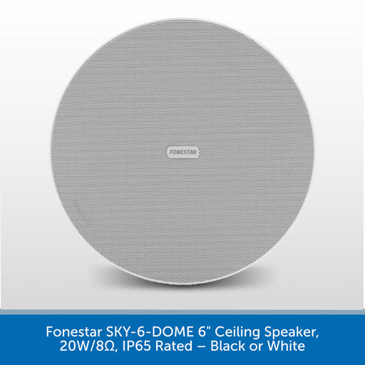 A round gray fabric-covered ceiling speaker grille with the Forestar logo in the center, shown against a light gray background with a blue text banner at the bottom.