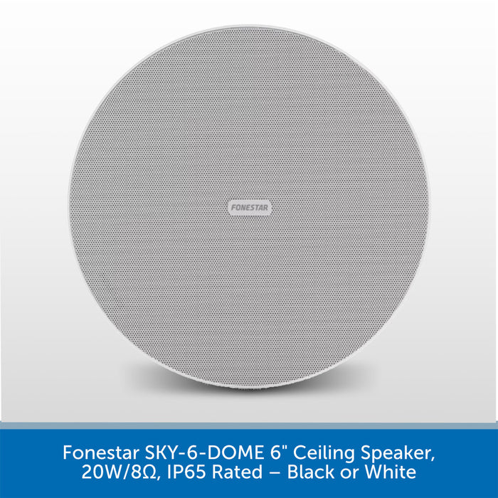 A round gray fabric-covered ceiling speaker grille with the Forestar logo in the center, shown against a light gray background with a blue text banner at the bottom.