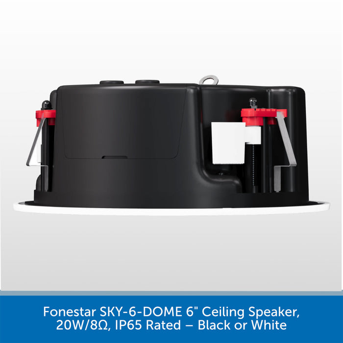 A black recessed ceiling speaker shown from a top-down angle on a white circular mounting plate against a light gray background, with a blue text banner at the bottom reading 'Fonestar SKY-6T-DOME 6" Ceiling Speaker, 20W/100V & 8Ω, IP65 Rated – Black or White'.