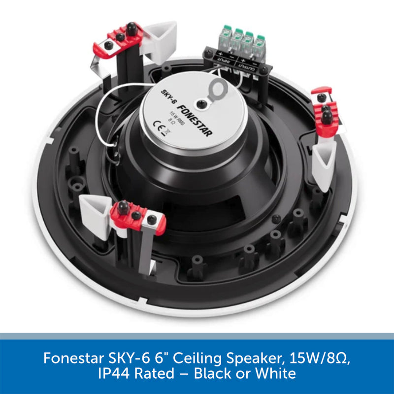 A 6-inch ceiling speaker by Fonestar, shown from a top-down angle on a white background with a blue text banner at the bottom. The speaker is primarily black with white and red terminal components and a silver center plate.
