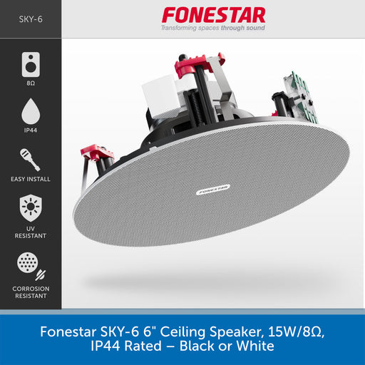 A promotional product graphic for a ceiling speaker. The main subject is a round black and white mesh-covered ceiling speaker shown at an angle, with visible suspension hardware.