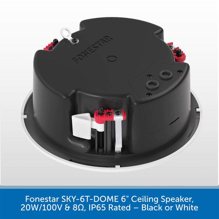 A 6-inch dome ceiling speaker shown from the back, featuring a black plastic housing with red and white terminal components and a white mounting ring. A blue text banner at the bottom reads 'Forestar SKY-6T-DOME 6" Ceiling Speaker, 20W/100V & 8Ω, IP65 Rated — Black or White'.