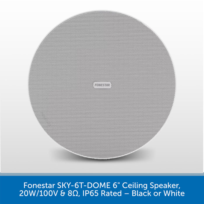 A round gray fabric-covered ceiling speaker with a visible 'FONESTAR' logo in the center, shown against a light gray background with a blue text banner at the bottom describing the product.