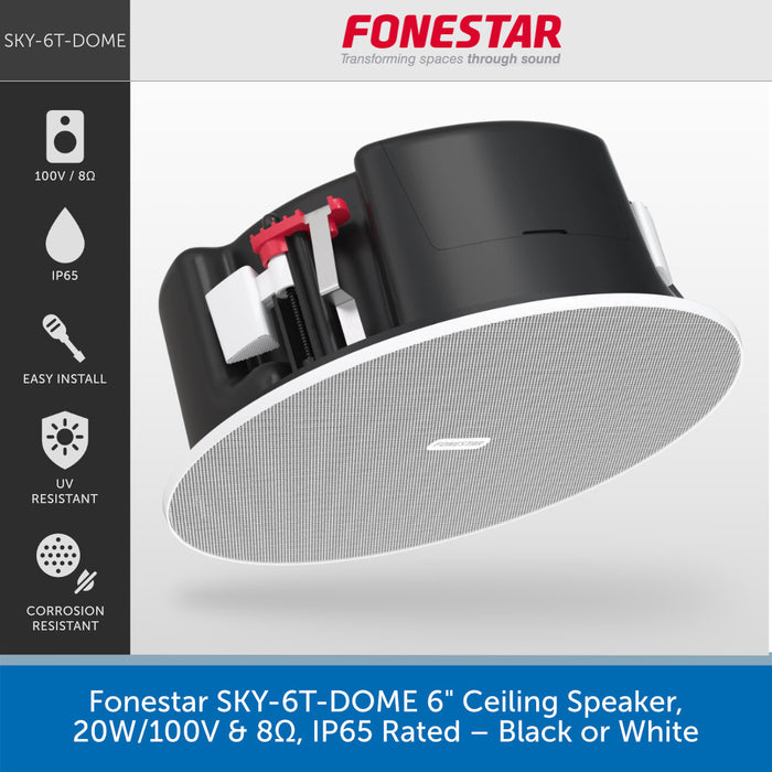 A promotional product image for a ceiling speaker. The main subject is a black and white round ceiling speaker shown floating at an angle, with a light gray background.