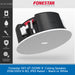 A promotional product image for a ceiling speaker. The main subject is a black and white round ceiling speaker shown floating at an angle, with a light gray background.