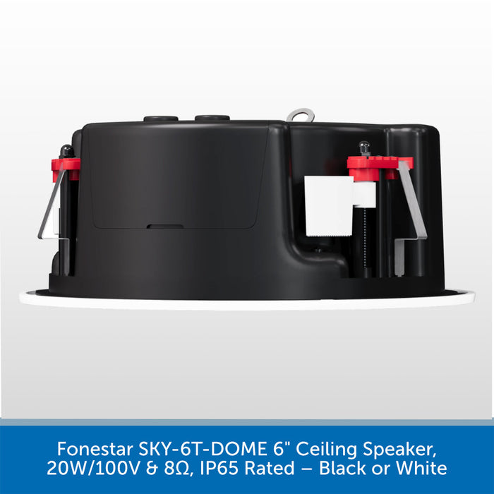 A black recessed ceiling speaker shown from a top-down angle on a white circular mounting plate against a light gray background, with a blue text banner at the bottom reading 'Fonestar SKY-6T-DOME 6" Ceiling Speaker, 20W/100V & 8Ω, IP65 Rated – Black or White'.