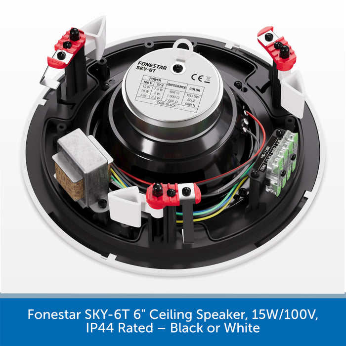 A 6-inch ceiling speaker shown from above, revealing the internal components including the motor, wire harnesses, terminal blocks, and transformer. A blue text banner at the bottom reads 'Fonestar SKY-6T 6" Ceiling Speaker, 15W/100V, IP44 Rated — Black or White'.