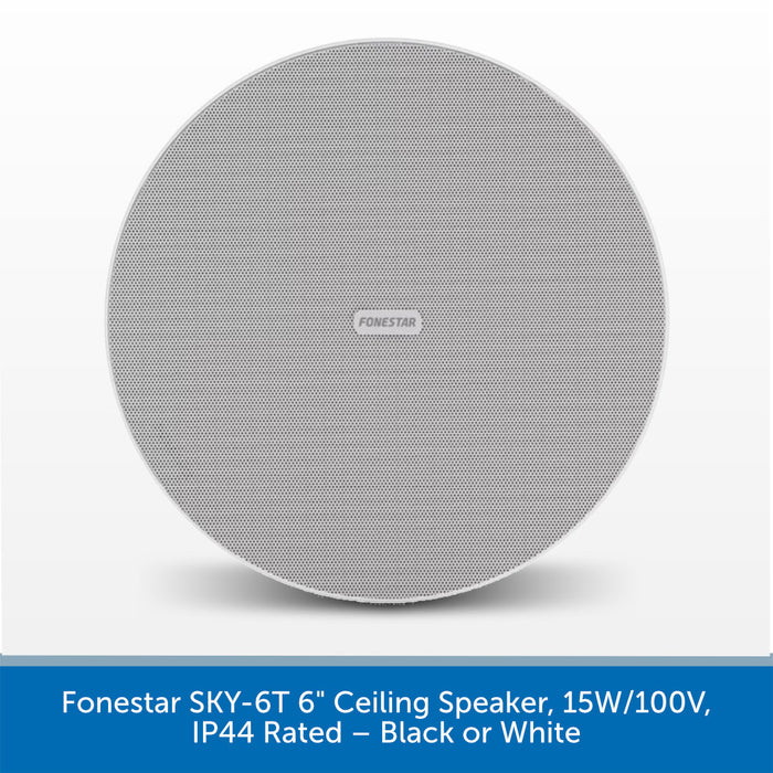 A round gray fabric-covered ceiling speaker with a visible Fonestar logo in the center, shown against a white background with a blue text banner at the bottom.