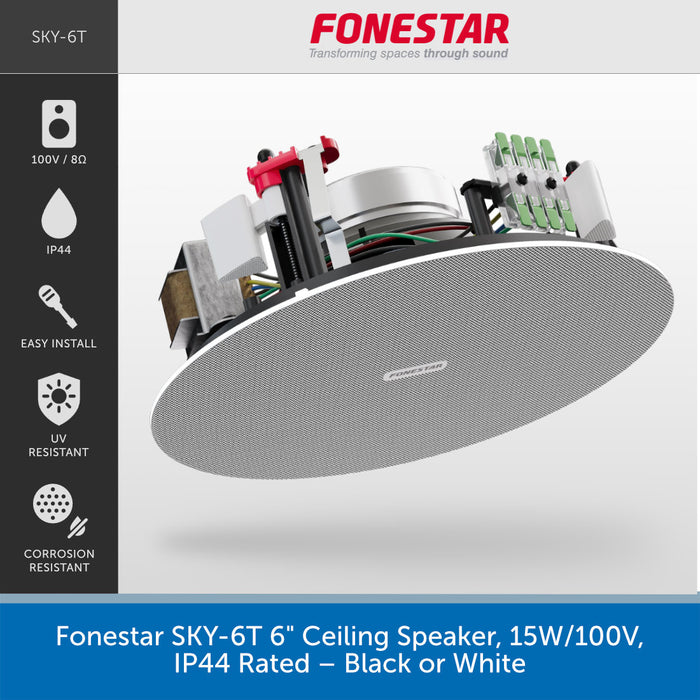 A promotional product graphic for the Fonestar SKY-6T ceiling speaker. The image shows a circular black speaker grille with visible internal components, mounted against a light gray background.