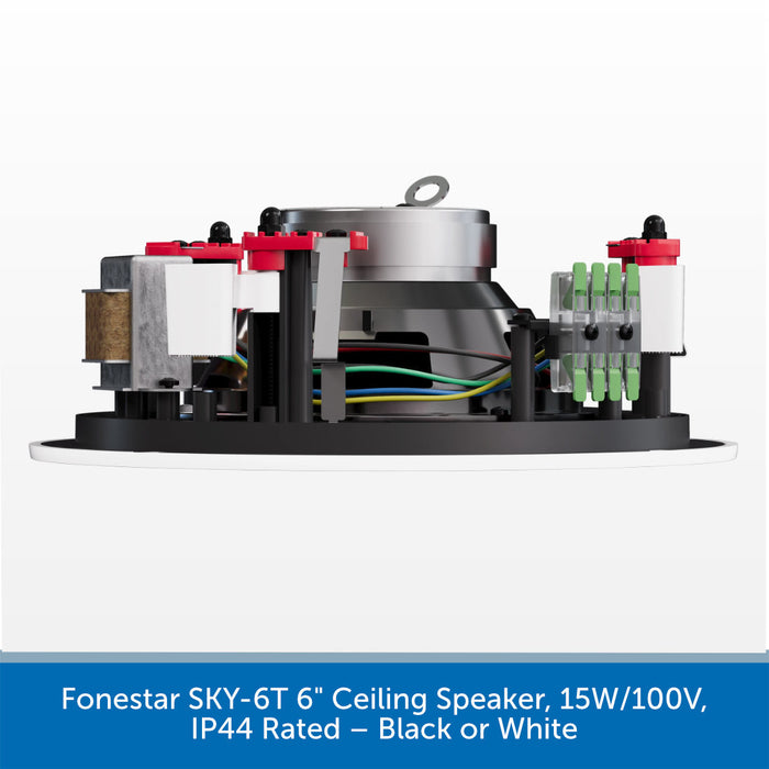 A technical product shot of a Fonestar SKY-6T 6-inch ceiling speaker, showing its internal components including the driver, voice coil, and terminal blocks, on a white background with a blue text banner at the bottom.