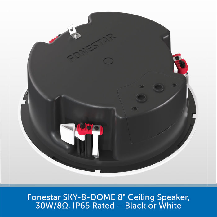 A top-down view of a black circular ceiling speaker component with red and white terminal connectors, shown on a light gray background with a blue text banner at the bottom.
