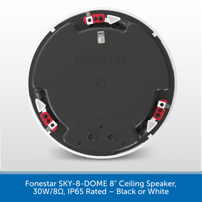 Top-down view of a round black ceiling speaker with a white outer rim and red terminal details, shown on a light gray background with a blue text banner at the bottom reading 'Forestar SKY-8-DOME 8" Ceiling Speaker, 30W/8Ω, IP65 Rated — Black or White'.