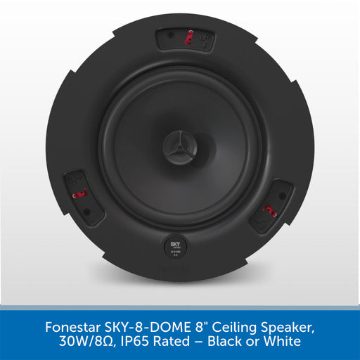 A black round ceiling speaker shown from the front on a light gray background, with a blue text banner at the bottom reading 'Forestar SKY-8-DOME 8" Ceiling Speaker, 30W/8Ω, IP65 Rated – Black or White'.
