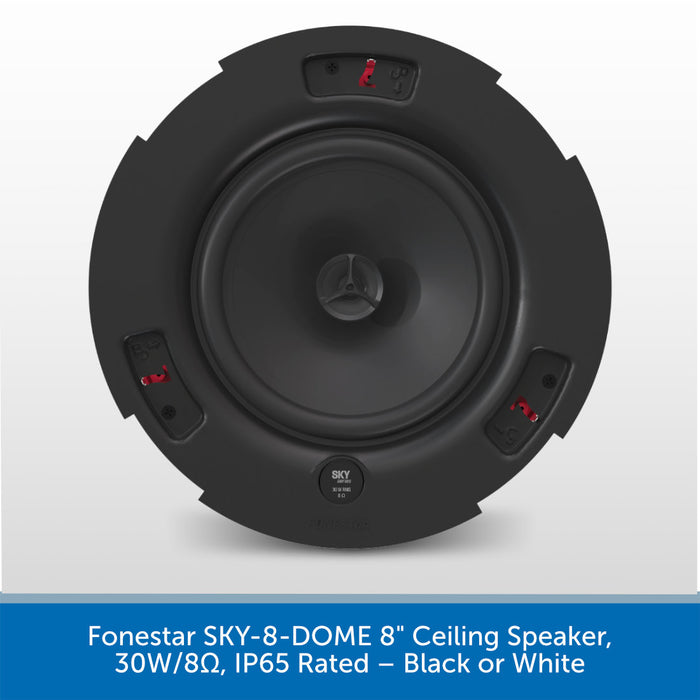A black round ceiling speaker shown from the front on a light gray background, with a blue text banner at the bottom reading 'Forestar SKY-8-DOME 8" Ceiling Speaker, 30W/8Ω, IP65 Rated – Black or White'.