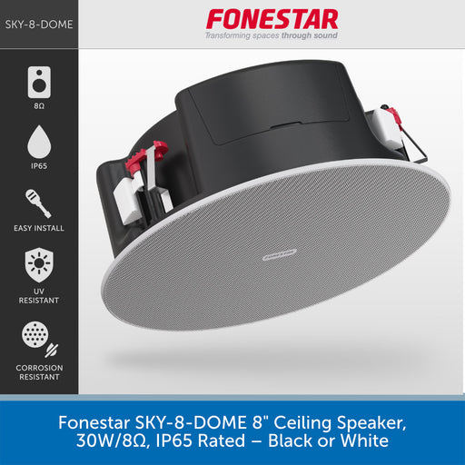 A promotional product graphic for a ceiling speaker. The main subject is a round black and white ceiling speaker shown floating at an angle, with the brand name Fonestar at the top and feature icons along the left side.