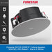 A promotional product graphic for a ceiling speaker. The main subject is a round black and white ceiling speaker shown floating at an angle, with the brand name Fonestar at the top and feature icons along the left side.