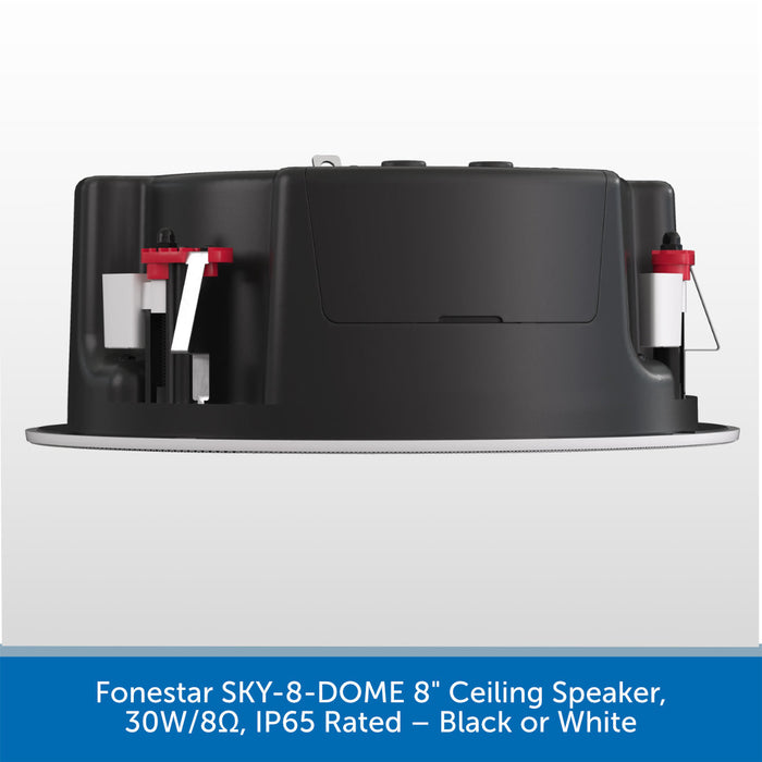 A 8-inch recessed ceiling speaker shown from the back, featuring a black main housing with red and white internal components and a silver flange. A blue text banner at the bottom reads 'Foronestar SKY-8-DOME 8" Ceiling Speaker, 30W/8Ω, IP65 Rated — Black or White'.