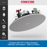 A promotional product graphic for a Fenestar SKY-8 8-inch ceiling speaker. The speaker is shown floating at an angle, revealing its white front grille and internal mounting hardware.