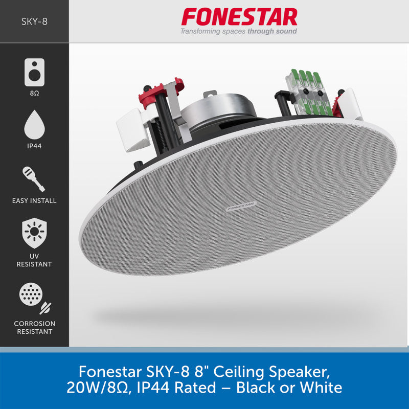 A promotional product graphic for a Fenestar SKY-8 8-inch ceiling speaker. The speaker is shown floating at an angle, revealing its white front grille and internal mounting hardware.