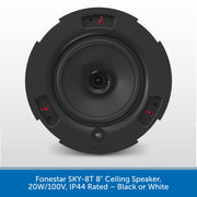 A round black ceiling speaker shown from the front on a light gray background, with a blue text banner at the bottom reading 'Fonestar SKY-8T 8" Ceiling Speaker, 20W/100V, IP44 Rated – Black or White'.