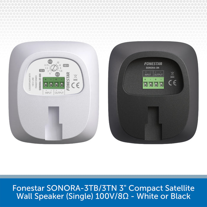 Two compact satellite wall speakers shown side by side on a white background with a gray patterned header and a blue text banner at the bottom. The left speaker is white and the right speaker is black, both branded Fonestar SONORA-3TN.