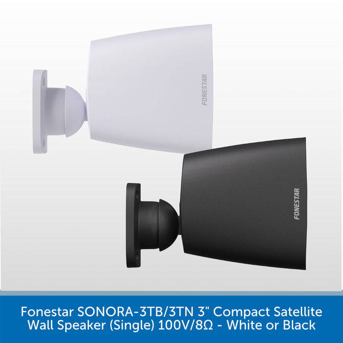 Two compact satellite wall speakers by Fonestar shown on a light gray background, one in white and one in black, with a blue text banner at the bottom describing the product.