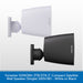 Two compact satellite wall speakers by Fonestar shown on a light gray background, one in white and one in black, with a blue text banner at the bottom describing the product.
