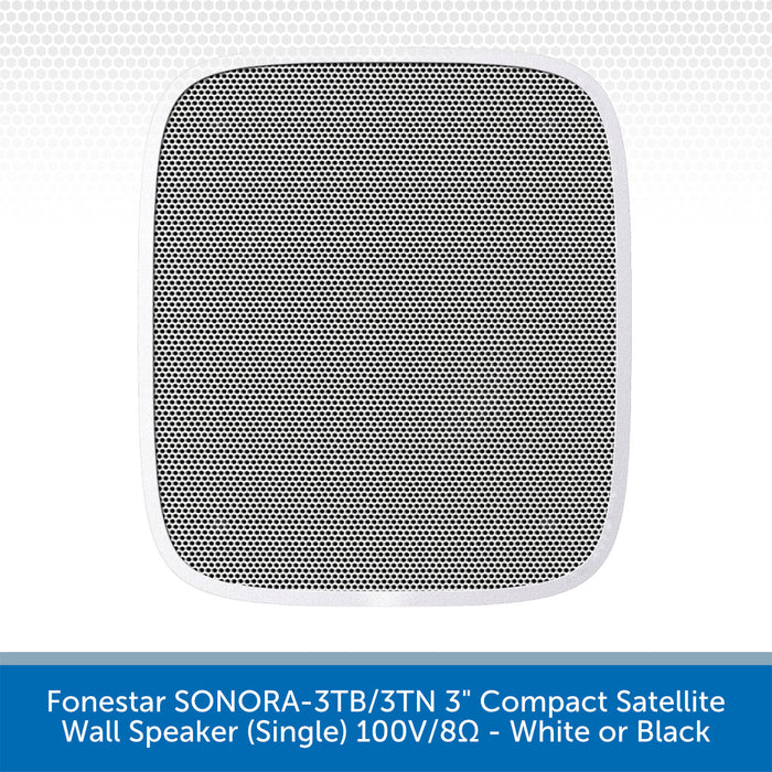 A single square wall speaker with rounded corners, featuring a black mesh grille and a white outer frame, shown on a white background with a blue text banner at the bottom.