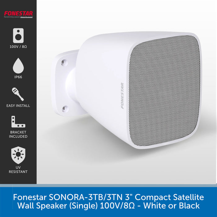 A white wall-mounted satellite speaker by Fonestar shown at an angle on a light gray background, with a vertical black feature panel on the left listing 100V/8Ω, IP66, easy install, bracket included, and UV resistant. A blue text strip at the bottom reads 'Fonestar SONORA-3TB/3TN 3" Compact Satellite Wall Speaker (Single) 100V/8Ω - White or Black.