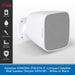 A white wall-mounted satellite speaker by Fonestar shown at an angle on a light gray background, with a vertical black feature panel on the left listing 100V/8Ω, IP66, easy install, bracket included, and UV resistant. A blue text strip at the bottom reads 'Fonestar SONORA-3TB/3TN 3" Compact Satellite Wall Speaker (Single) 100V/8Ω - White or Black.