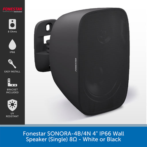 A black wall-mounted speaker by Fonestar, shown at an angle on a white background with a vertical product features panel on the left and a blue text banner at the bottom.