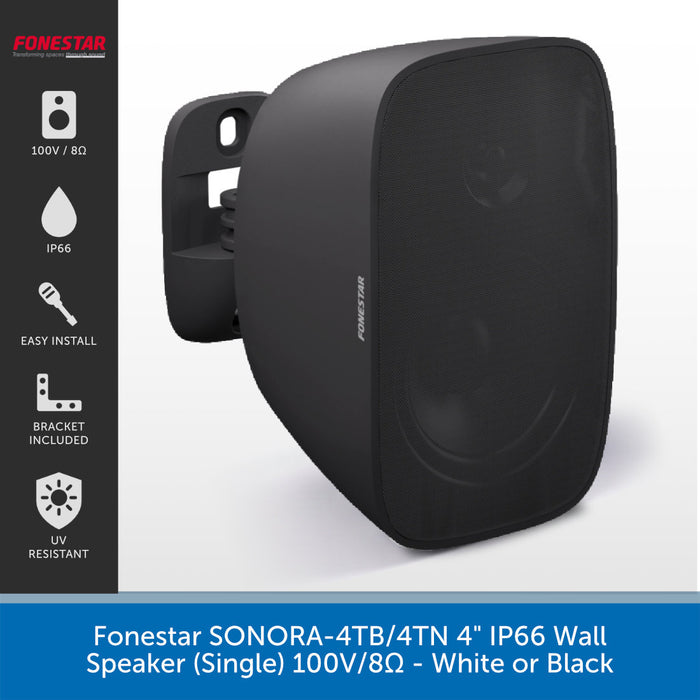 A single black Onsound/Onsound+ branded wall speaker shown at an angle on a white background, with a vertical product info panel on the left and a blue text banner at the bottom. The speaker is matte black with subtle tonal shading.