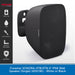 A single black Onsound/Onsound+ branded wall speaker shown at an angle on a white background, with a vertical product info panel on the left and a blue text banner at the bottom. The speaker is matte black with subtle tonal shading.
