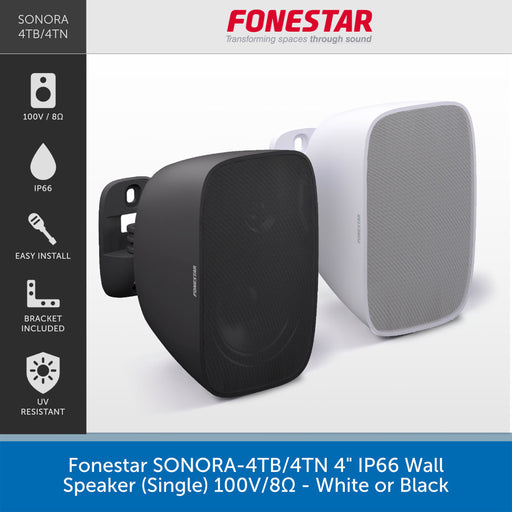 Promotional graphic for a single Sonora 4TB/4TN wall speaker by Fonestar, showing two views of the speaker: one black and one white. The left side features a dark gray vertical panel with product features like IP66, easy install, bracket included, and UV resistant.