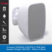 A single white wall speaker by Onsound (branded as Onsound/SONORA in the graphic) shown at a three-quarter angle on a light gray background, with a black feature list column on the left and a blue text banner at the bottom.