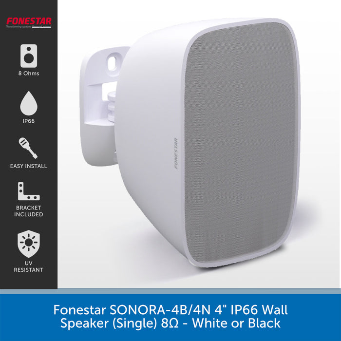 A white wall-mounted speaker by Onsound, shown at a three-quarter angle on a light gray background with a black feature list panel on the left and a blue text banner at the bottom.