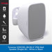 A white wall-mounted speaker by Onsound, shown at a three-quarter angle on a light gray background with a black feature list panel on the left and a blue text banner at the bottom.