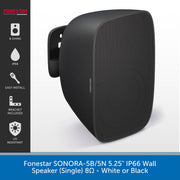 A black Onsound OnStar IP66 wall speaker shown at a three-quarter angle on a white background, with a black feature-information panel on the left and a blue text banner at the bottom.