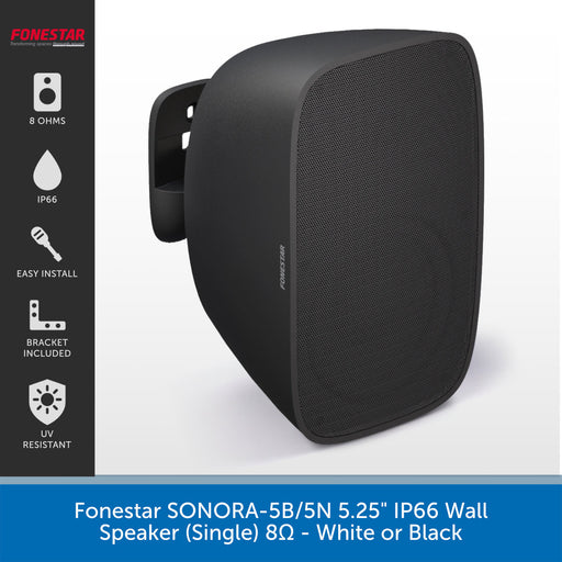 A black Onsound OnStar IP66 wall speaker shown at a three-quarter angle on a white background, with a black feature-information panel on the left and a blue text banner at the bottom.