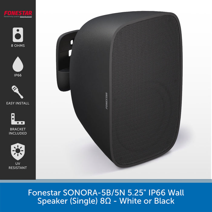 A black Onsound OnStar IP66 wall speaker shown at a three-quarter angle on a white background, with a black feature-information panel on the left and a blue text banner at the bottom.