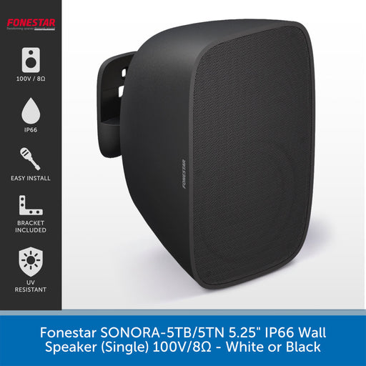 A single black wall speaker by Sonora, branded Foneston, shown at a three-quarter angle on a white background with a dark feature sidebar and blue text banner.