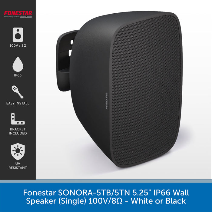 A single black wall speaker by Sonora, branded Foneston, shown at a three-quarter angle on a white background with a dark feature sidebar and blue text banner.