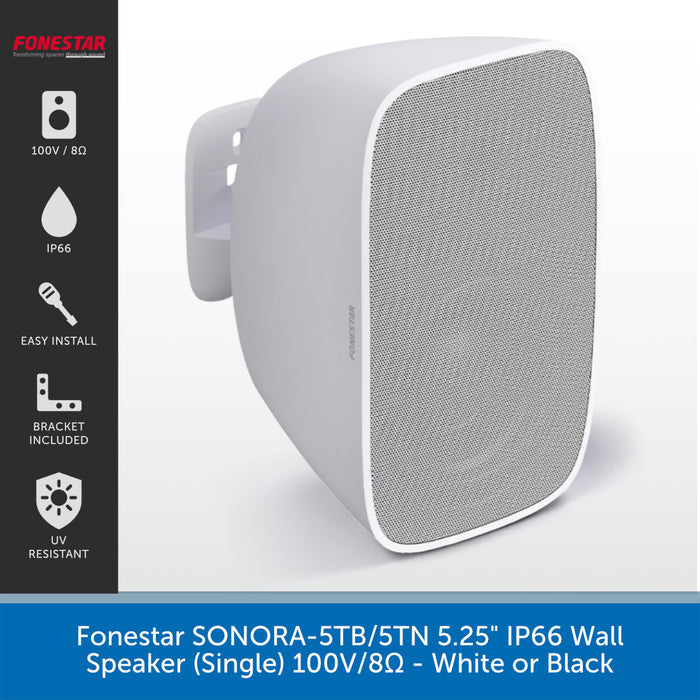 A single white outdoor wall speaker by Fonestar, shown at a three-quarter angle on a light gray background with a black feature sidebar and blue text banner. The speaker has a mesh front grille and a wall-mount bracket attached to the left side.