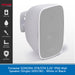 A single white outdoor wall speaker by Fonestar, shown at a three-quarter angle on a light gray background with a black feature sidebar and blue text banner. The speaker has a mesh front grille and a wall-mount bracket attached to the left side.