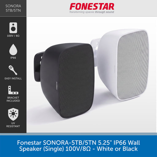 A promotional product graphic for a Fenestar SONORA 5B/5N wall speaker. The image shows two speaker units side by side, one black and one white, with feature callouts on the left and product text at the bottom.